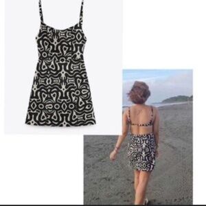Zara Black and Cream Patterned Open Back Dress